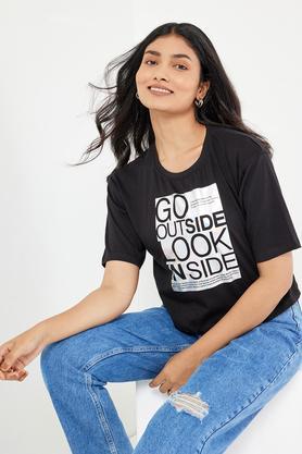typographic cotton round neck women's t-shirt - black