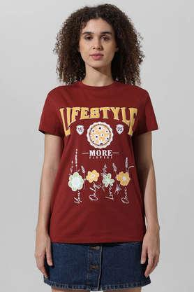 typographic cotton round neck women's t-shirt - brown