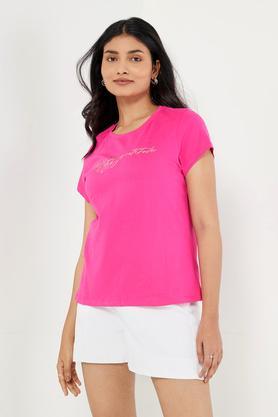 typographic cotton round neck women's t-shirt - fuchsia