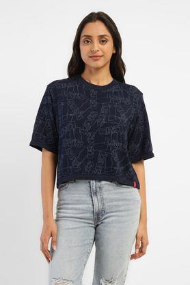 typographic cotton round neck women's t-shirt - indigo