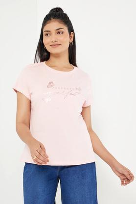 typographic cotton round neck women's t-shirt - light pink