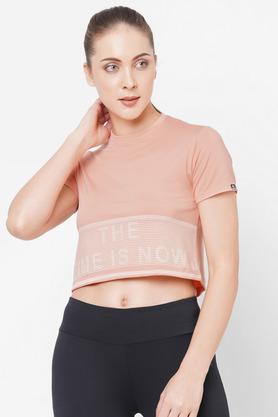 typographic polyester crew neck womens t-shirt - peach
