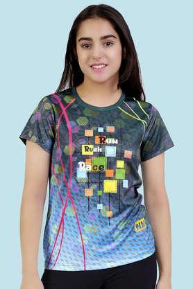 typographic polyester round neck girls t-shirt - multi
