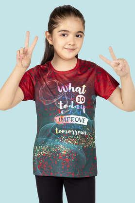 typographic polyester round neck girls t-shirt - multi