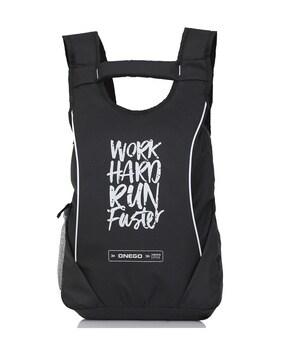 typographic print back pack with adjustable strap