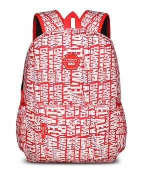 typographic print back pack with zip-closure