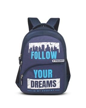 typographic print backpack with adjustable strap