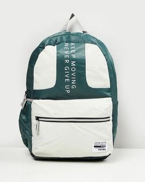 typographic print backpack with zip closure