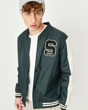 typographic print bomber jacket with zip closure