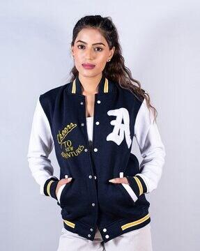 typographic print button closure track jacket