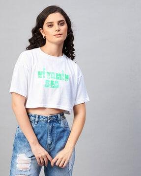 typographic print crew-neck crop t-shirt