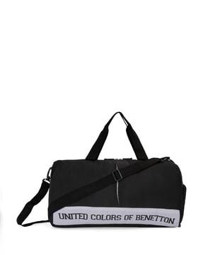 typographic print duffle bag with dual handles