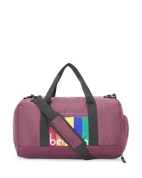 typographic print duffle bag with dual handles