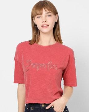 typographic print heathered cropped crew-neck t-shirt