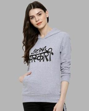 typographic print hooded sweatshirt with kangaroo pocket