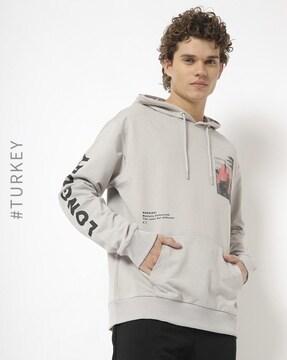 typographic print hooded sweatshirt with kangaroo pocket