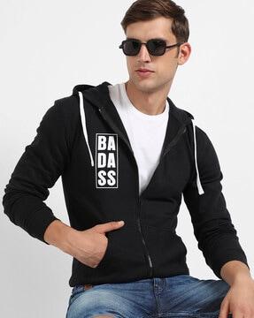 typographic print hooded sweatshirt with kangaroo pockets