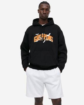 typographic print hooded sweatshirt with kangaroo pockets