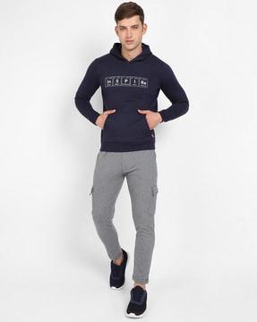 typographic print hooded sweatshirt with ribbed hem