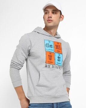 typographic print hooded sweatshirt with ribbed hem