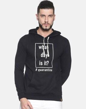 typographic print hooded sweatshirt with ribbed hems