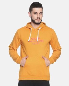 typographic print hooded sweatshirt with ribbed hems