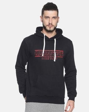 typographic print hooded sweatshirt with ribbed hems