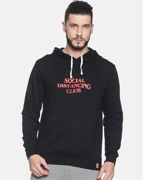 typographic print hooded sweatshirt with ribbed hems