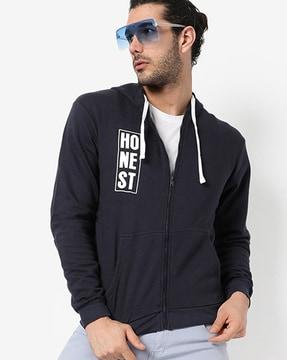 typographic print hooded sweatshirt with zip-front