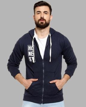 typographic print hooded sweatshirt with zip-front