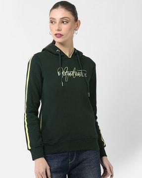 typographic print hoodie with contrast stripes