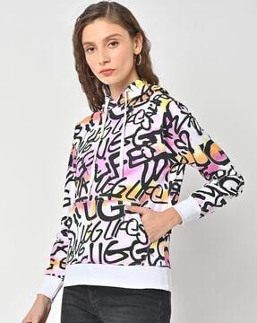 typographic print hoodie with kangaroo pocket