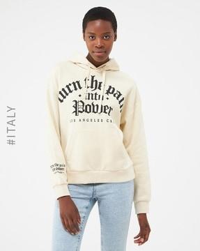 typographic print hoodie with kangaroo pocket