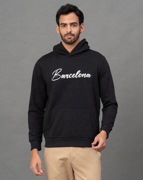 typographic print hoodie with kangaroo pocket