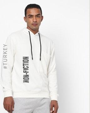 typographic print hoodie with patch pocket
