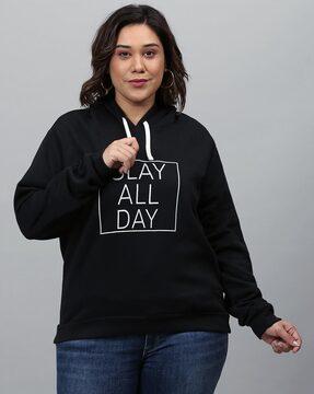 typographic print hoodie with ribbed hems