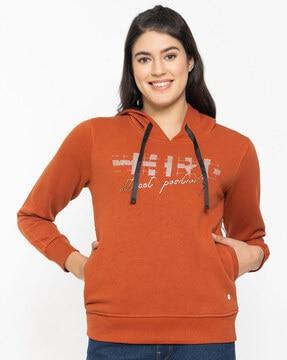 typographic print hoodie with ribbed hems