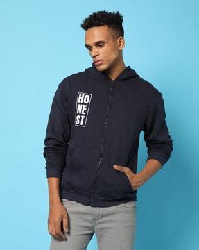 typographic print hoodie with split-kangaroo pockets