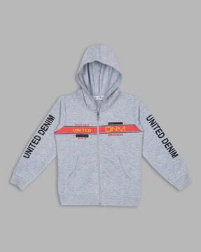 typographic print hoodie with split-kangaroo pockets