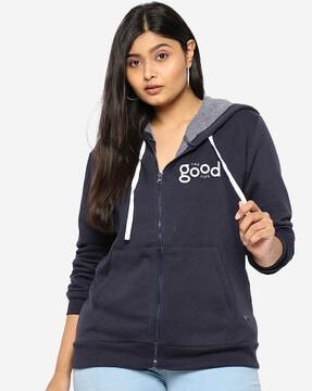 typographic print hoodie with split-kangaroo pockets