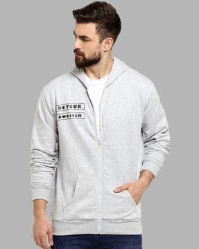 typographic print hoodie with zip-front