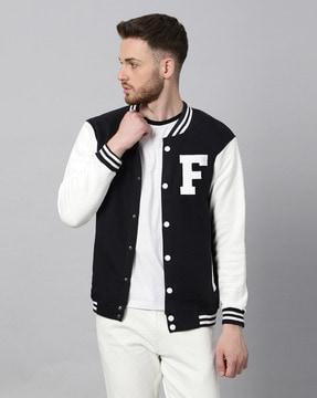 typographic print jacket with snap-button closure