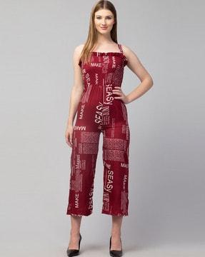 typographic print jumpsuit with strappy-sleeves
