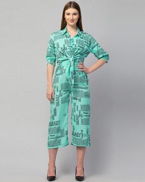typographic print jumpsuit with tie-knot shirt