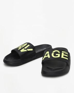 typographic print open-toe slides