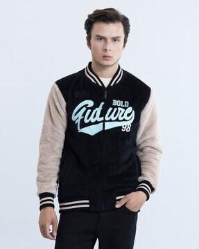 typographic print regular fit bomber jacket