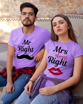 typographic print regular fit crew-neck couple t-shirts