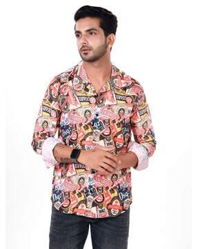 typographic print shirt with spread collar