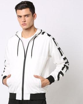 typographic print slim fit hooded jacket