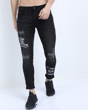 typographic print slim fit jeans